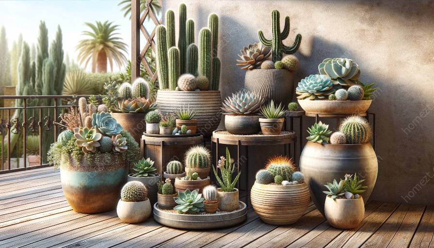 Jardinería en macetas con suculentas y cactus.