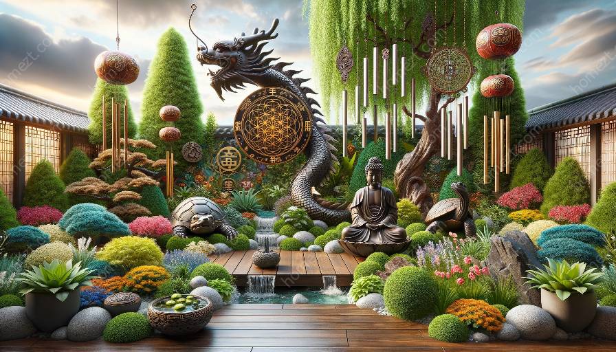 nggunakake simbol feng shui lan patung ing dekorasi taman