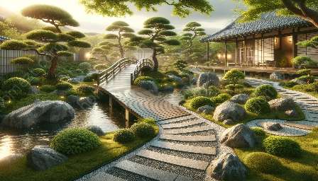 arranjo de caminhos e pontes em jardins japoneses