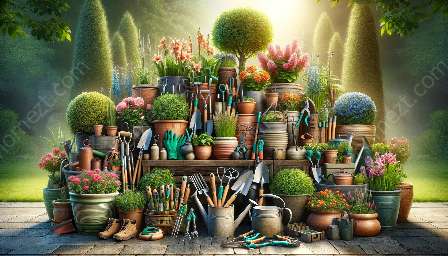 ferramentas e equipamentos de jardinagem em contêineres