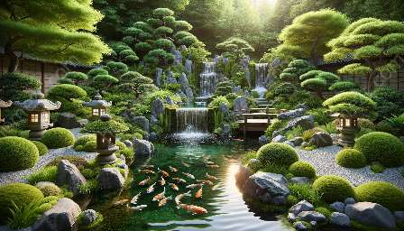 mereka bentuk dengan ciri air di taman Jepun
