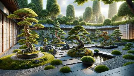일본 정원에 분재 나무를 통합하다